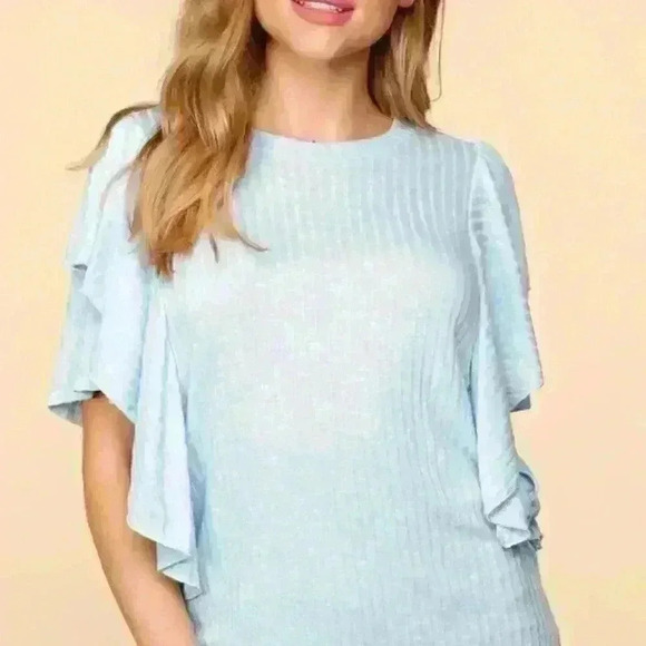 Baby Blue Ribbed Double Flutter Short Sleeve Top - Picture 2 of 6